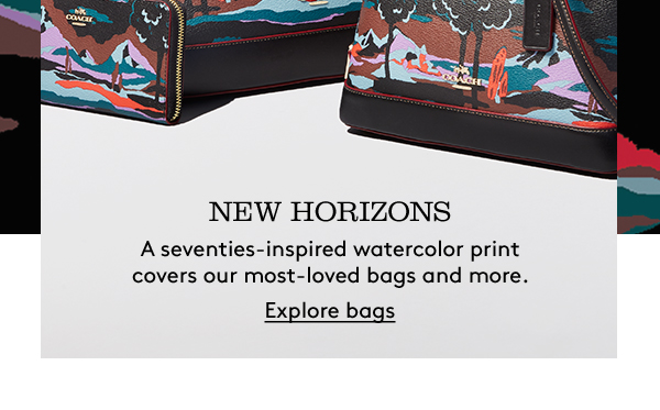 NEW HORIZONS | A seventies-inspired watercolor print covers our most-loved bags and more. | Explore bags