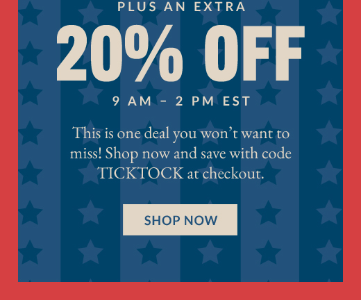 PLUS AN EXTRA 20% OFF | 9 AM - 2 PM EST | SHOP NOW