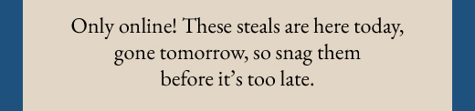 Only online! These steals are here today, gone tomorrow, so snag them before it's too late.