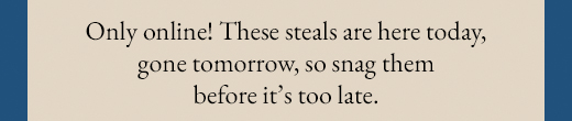 Only online! These steals are here today, gone tomorrow, so snag them before it's too late.