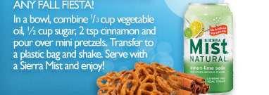 In a bowl, combine one-third cup vegetable oil, one-half cup sugar, 2 tsp cinnamon and pour over mini pretzels. Transfer to a plastic bag and shake. Serve with a Sierra Mist and enjoy!
