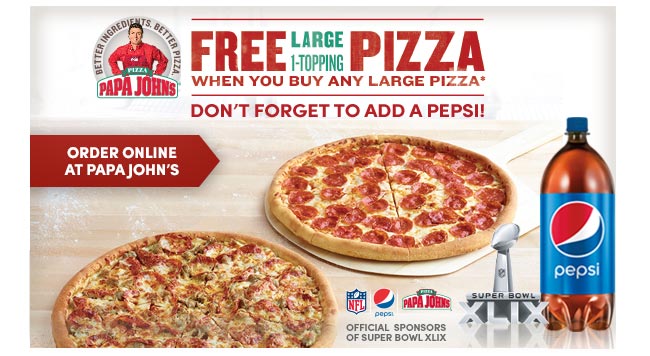 Free Large 1-topping Pizza when you buy any large pizza. Don't forget to add a Pepsi